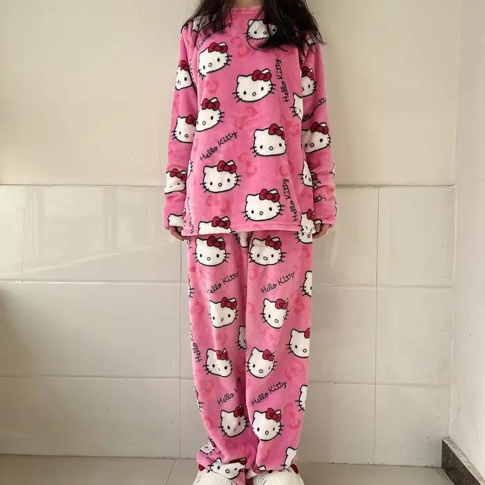 Hello Kitty pyjamas automne et hiver flanelle animation dessin animé mignon couple tenue décontracté chaud vêtements de détente deux pièces ensemble