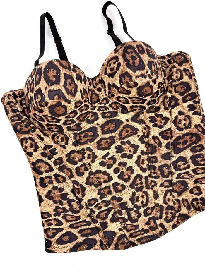 Corset en arête de poisson push-up imprimé léopard pour femme, Y avec soutien-gorge, haut de soirée en maille de dentelle, sangle spaghetti, sortie en boîte de nuit