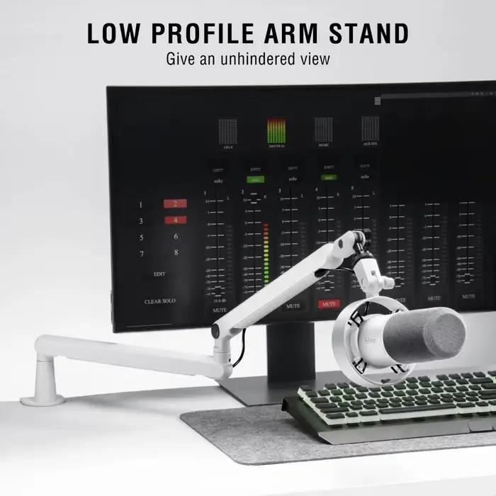 Bras de micro réglable à profil bas avec pince de fixation pour bureau, rangement de câbles pour streaming et jeux - Blanc et noir