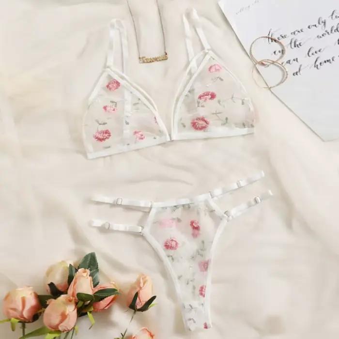 Ensemble de lingerie en dentelle brodée de fleurs pour femmes