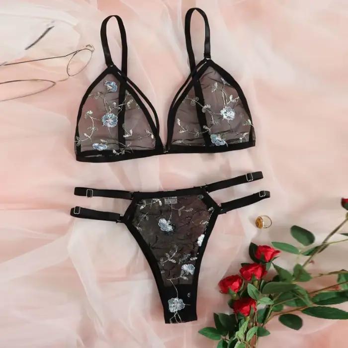 Ensemble de lingerie en dentelle brodée de fleurs pour femmes
