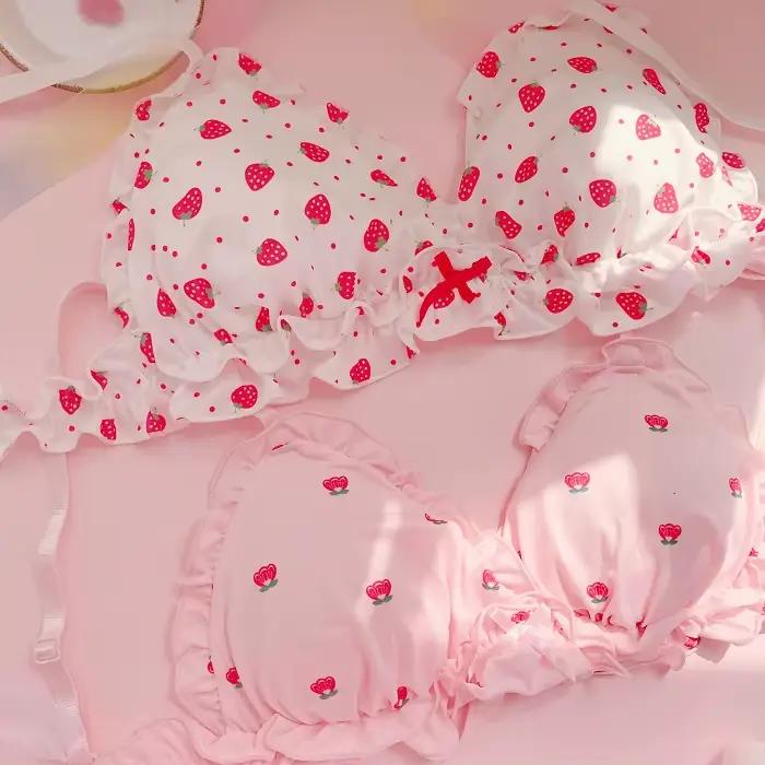 Ensemble soutien-gorge et culotte en soie de lait japonaise imprimé fraise