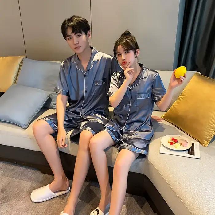 Pyjama de luxe costume Satin soie Pyjamas ensembles Couple vêtements de nuit décontracté famille Pijama amant