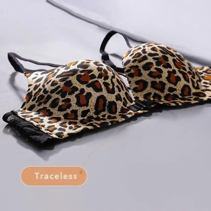 Soutien-gorge sans dos sans armatures push-up imprimé léopard, décolleté en V profond, avec fermeture avant, anti-affaissement et soutien