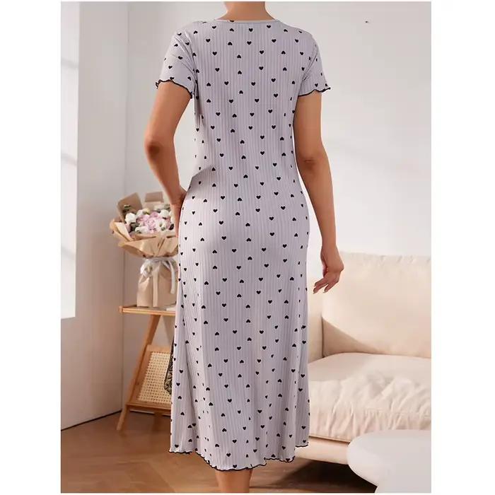 Robe de nuit longue élastique pour femme avec bordure en dentelle et tricot côtelé à pois