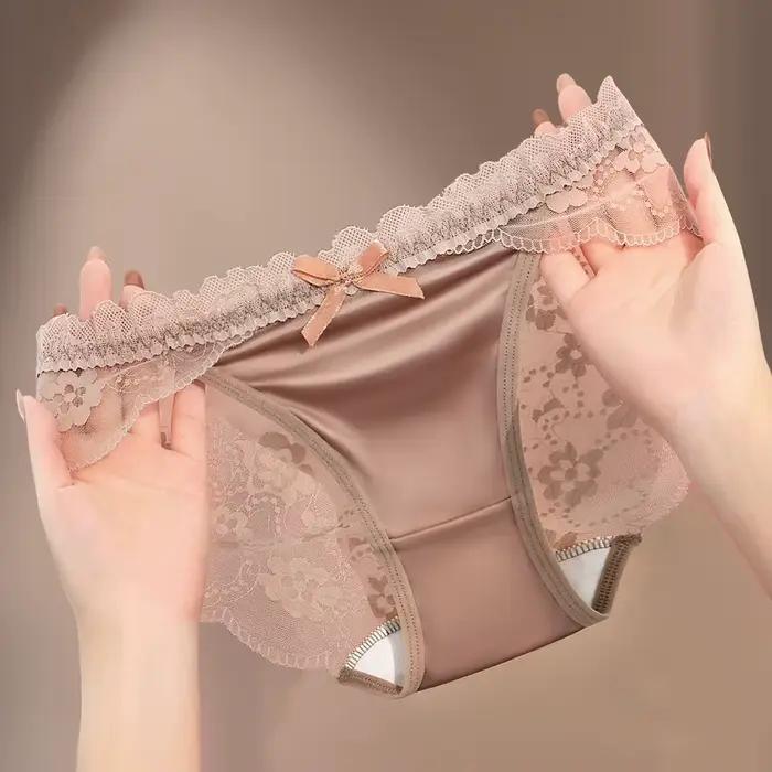 Culottes pour femmes, sous-vêtements sexy en satin lisse et confortable, décoration nœud papillon, motif floral en dentelle, respirant, grande taille