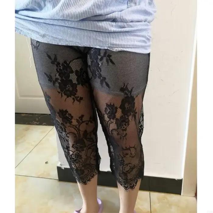 Les femmes sous jupe extensible pantalon recadré voir à travers lacet fleur Capris Leggings Sheer Mesh Sous-pants Half
