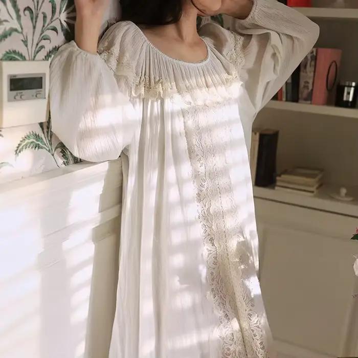 Fée française ample romantique dentelle chemise de nuit femmes longue blanc rétro palais Vintage