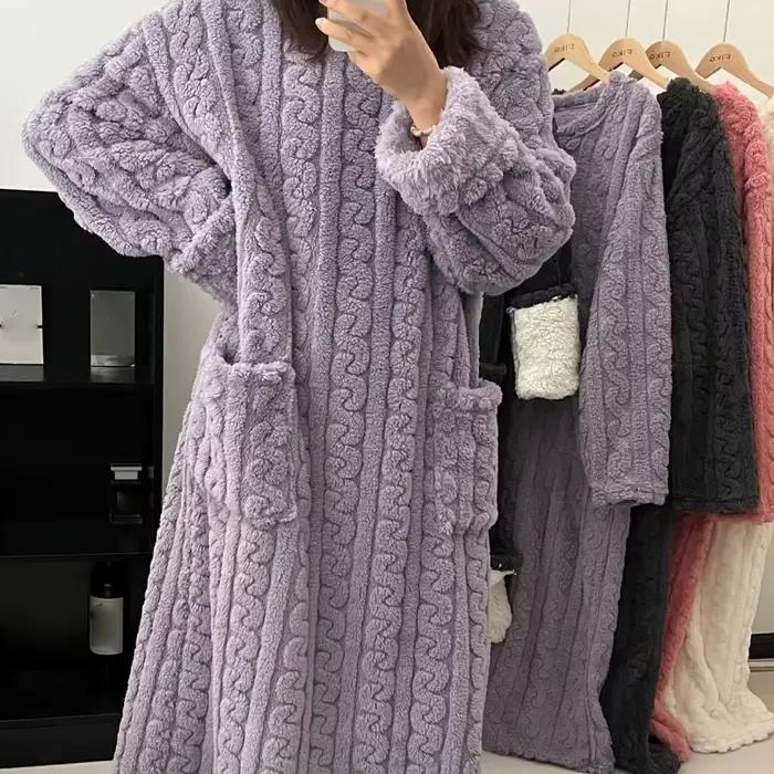 Chemise de nuit en velours corail pour femme, pyjama d'automne et d'hiver, vêtements de nuit longs, ensembles de Robe chaude, vêtements de maison, peignoir