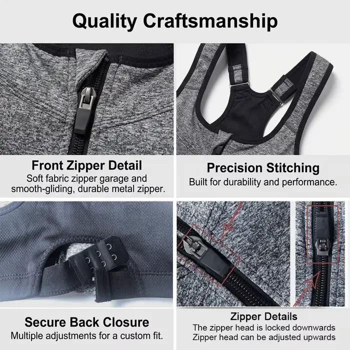 Soutien-gorge de sport pour femme à fermeture éclair frontale, dos nageur croisé, maintien élevé, bretelles réglables, boucle dorsale, pour entraînement, fitness et course à pied