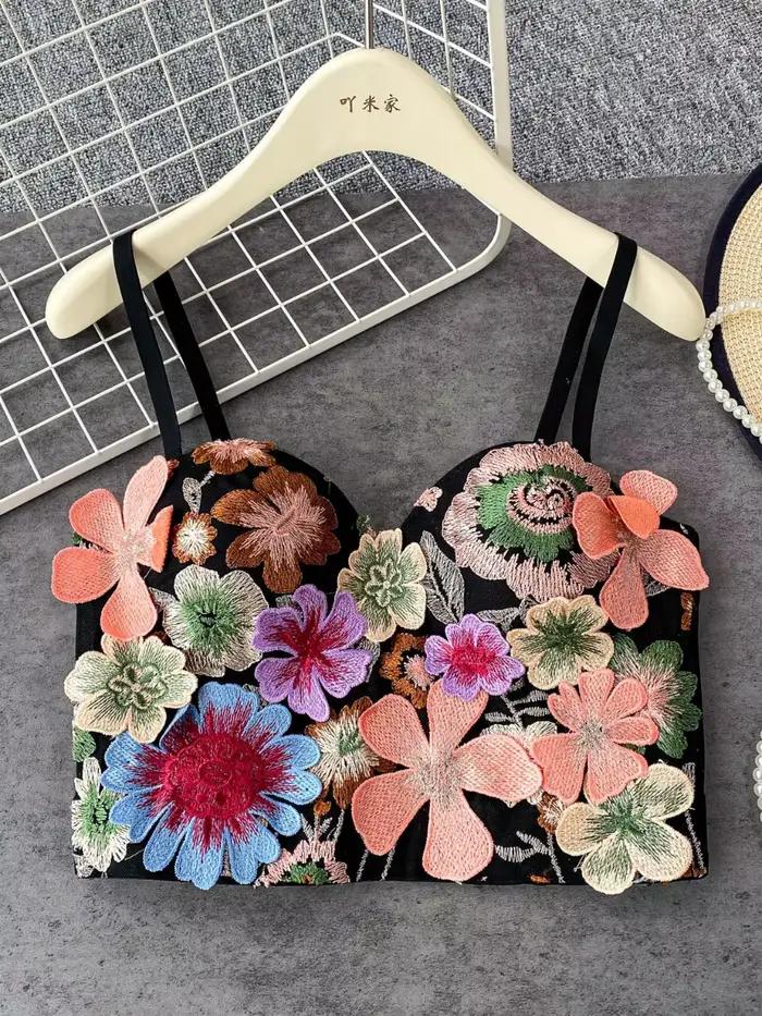 Foamlina 3D Floral minceur haut à licou soutien-gorge femmes 2025 été européen romantique lourd embelli culture Corset Bustier Club
