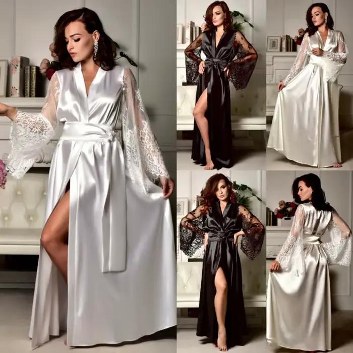 Vente chaude mode Sexy femmes soie dentelle longue Robe