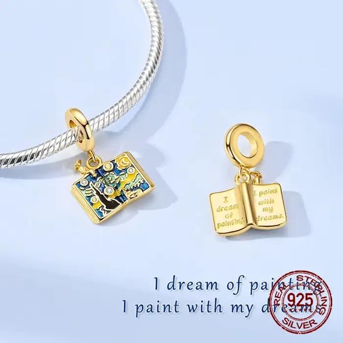 Breloque pendante Livre Nuit étoilée Van Gogh en Argent Sterling 925, Émail et Pierres CZ, Perle d'art pour Bracelets, Cadeau Bijou pour Femme