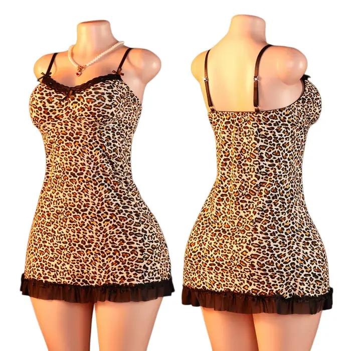 Robe de nuit en dentelle à imprimé léopard pour femmes