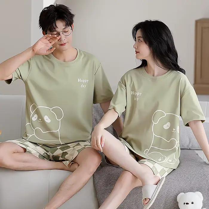 Couple mignon dessin animé pyjama ensemble été hommes et femmes 100% coton à manches courtes pyjamas