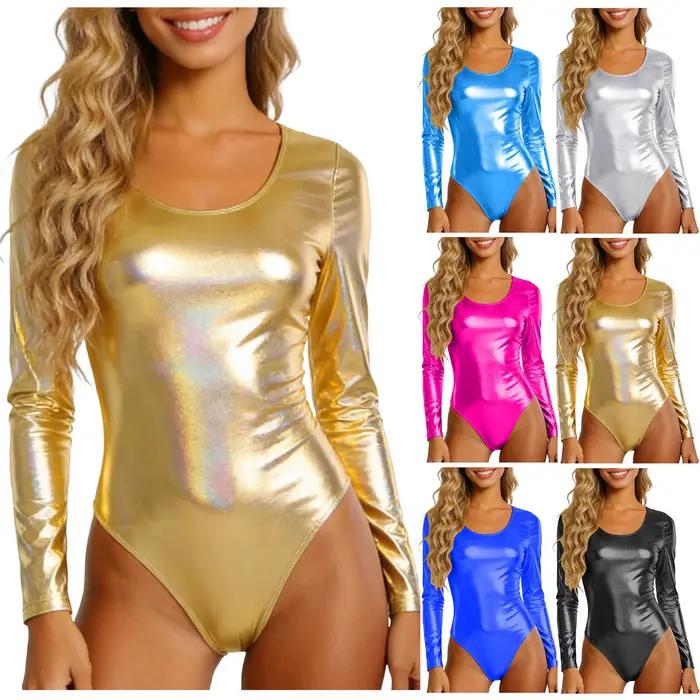 Combinaison Métallique Brillante Femme Nouvelle Collection Argentée Dorée Manches Longues Chemise Fantaisie Costume