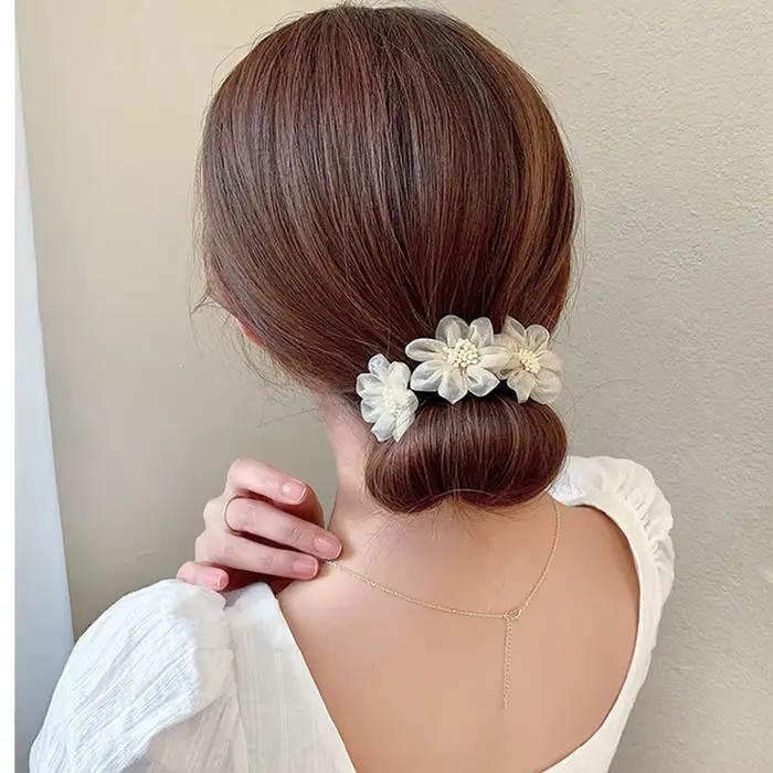 Nouvelles femmes élégantes bourgeon en mousseline de soie fleurs chignon Maruko coiffures faisant des outils longs bandeau doux bandeaux accessoires de cheveux de mode