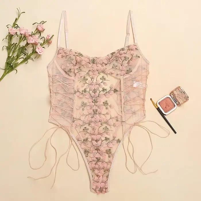 Body transparent moulant en dentelle brodée florale pour femme