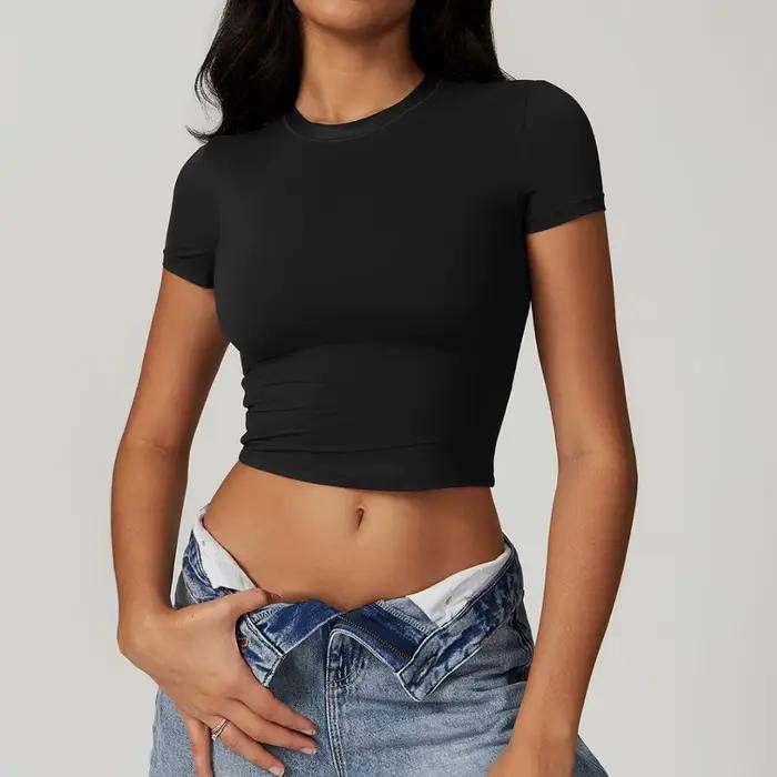 T-Shirt de Yoga serré à manches courtes pour femmes, couleur unie, doux et respirant, nombril exposé, haut de Fitness, amincissant Abdominal