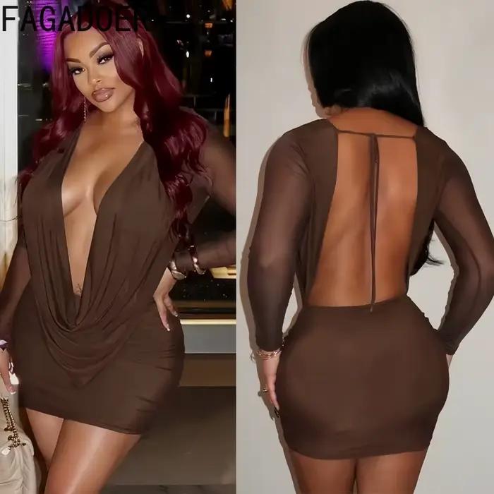 FAGADOER Sexy maille robes moulantes pour femme couleur unie col en v profond manches longues dos nu robe