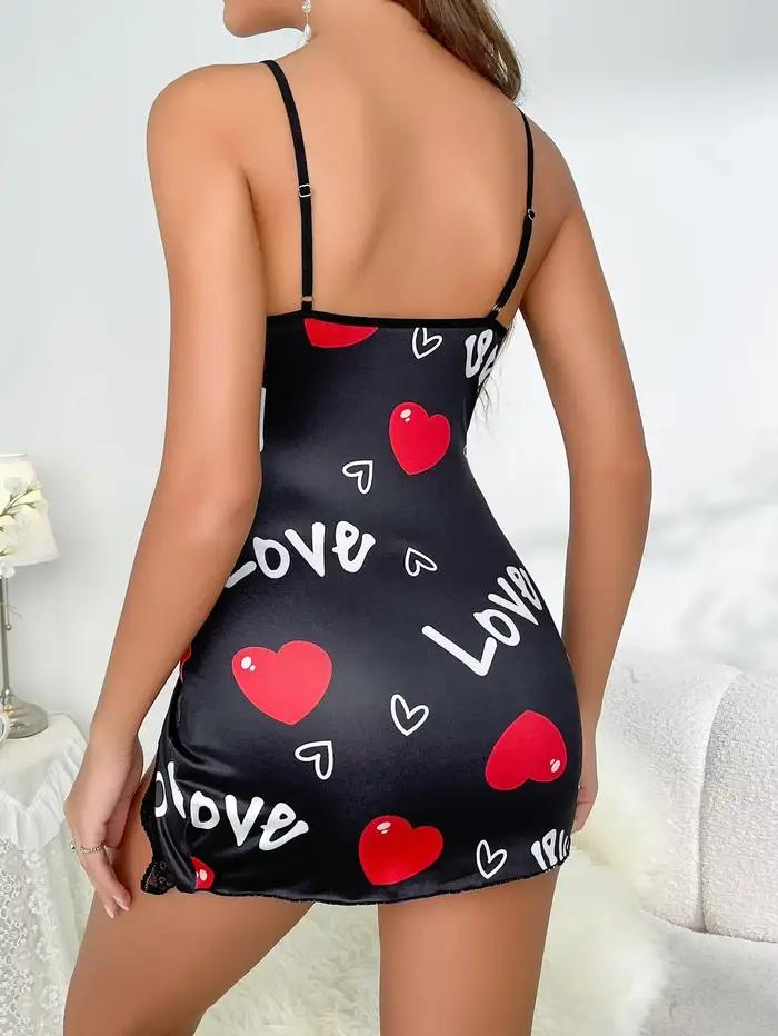 Coeur lettre florale Slip chemise de nuit dentelle garniture profonde V côté fendu robe