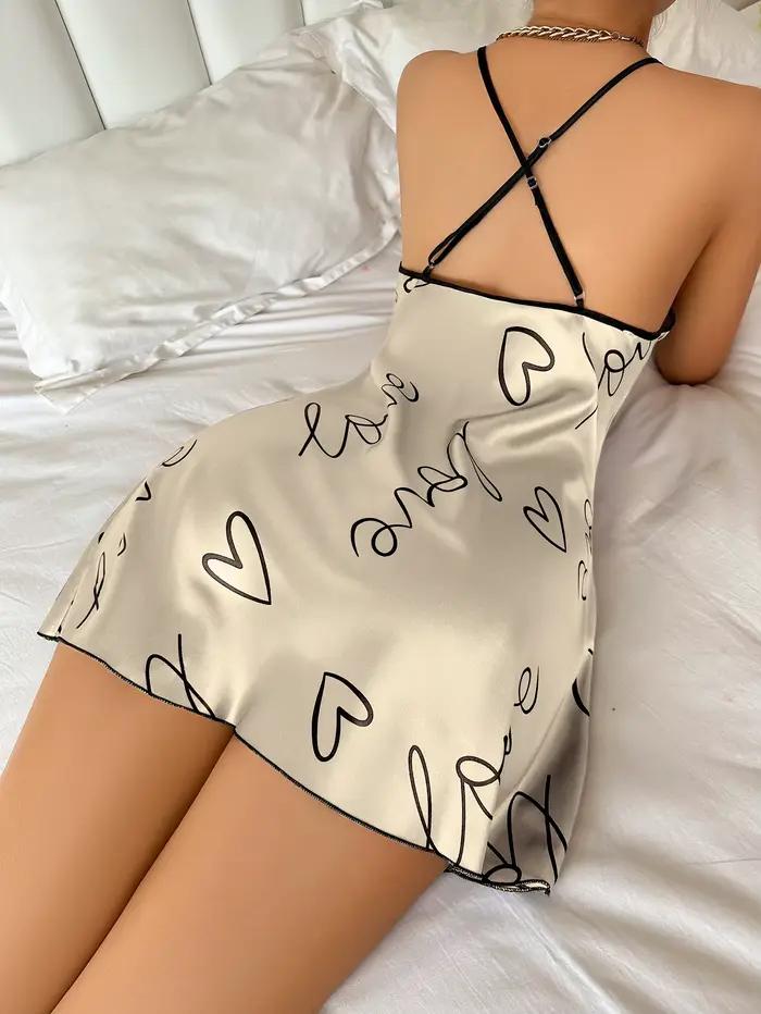 Coeur lettre impression chemise de nuit décontracté col rond Spaghetti sangle robe