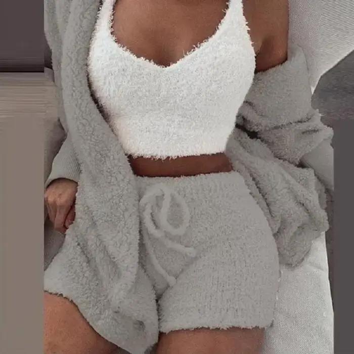 Nouvel ensemble de pyjama en velours pour femme 2026 – Haut court sexy + short + veste – 3 pièces – Tenue décontractée