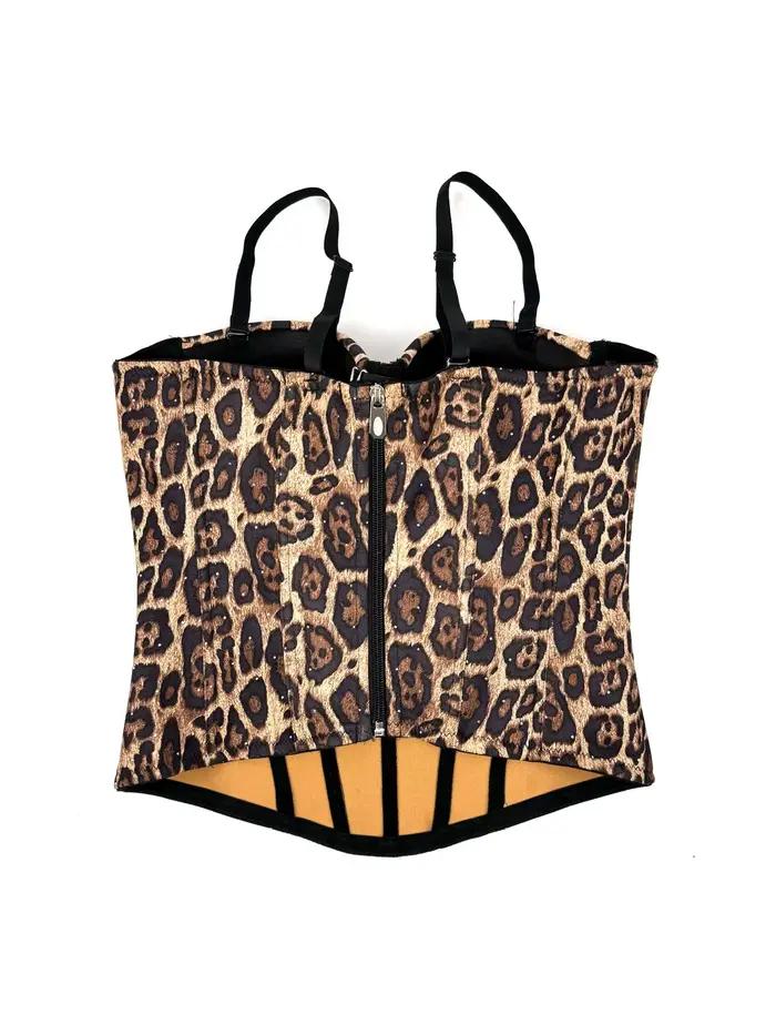 Corset en arête de poisson push-up imprimé léopard pour femme, Y avec soutien-gorge, haut de soirée en maille de dentelle, sangle spaghetti, sortie en boîte de nuit