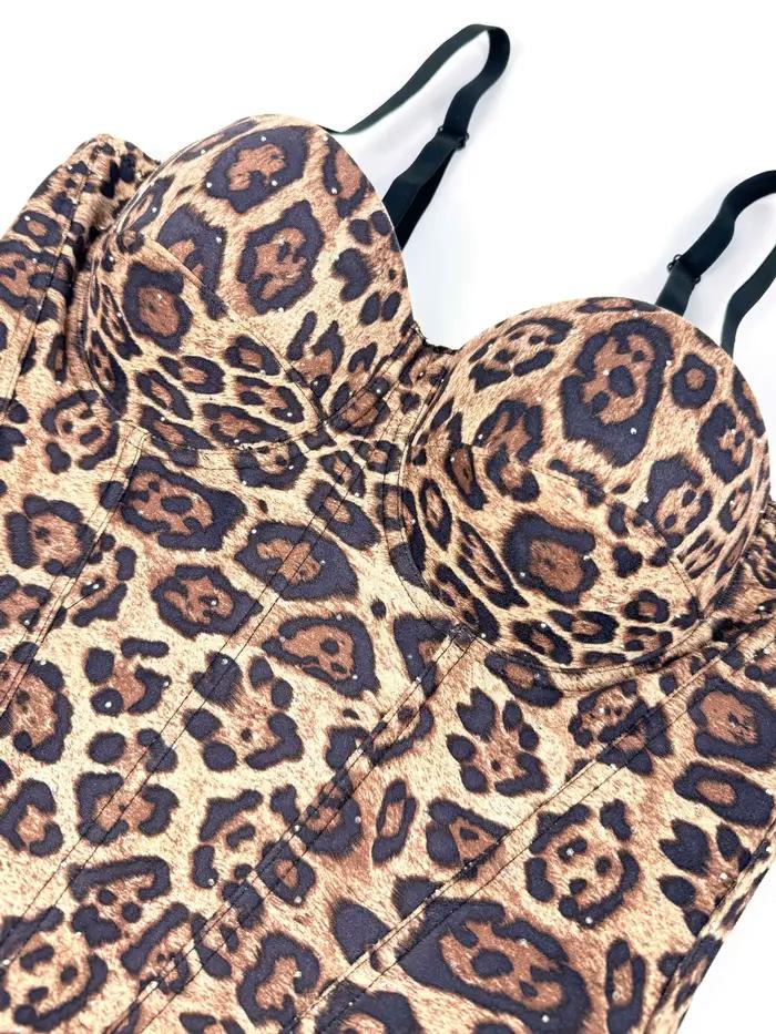 Sexy Crop Top Bustier Imprimé Léopard avec Pierres Thermocollées pour Femme, Idéal Soirées et Événements