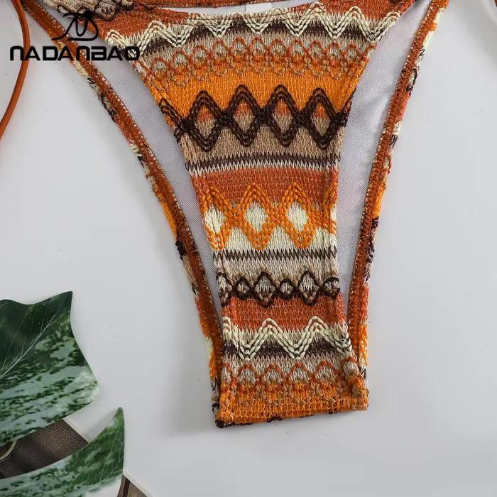 Nadanbao Sexy tricot imprimé fleuri Bikini ensembles maillots de bain femmes marron dos nu mode maillot de bain femme licou plage fête Bikini