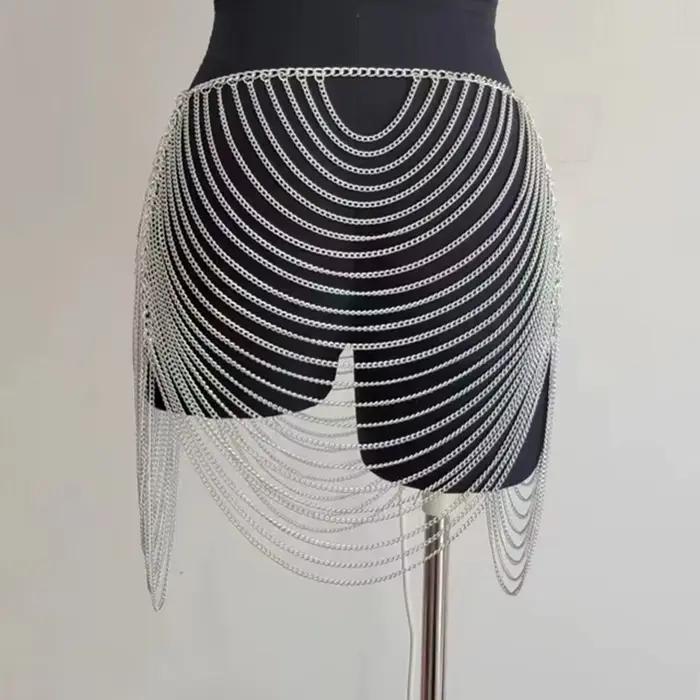 Or Argent Nuit Tenue De Club Chaîne De Corps Jupe Femme Mode Décontracté Creux Mini Jupes 2024 Été Plage Bikini Gland Vêtements