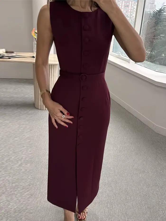 Costume sans manches à lacets robe mi-longue femmes élégant col rond simple boutonnage coupe ajustée Robes de soirée