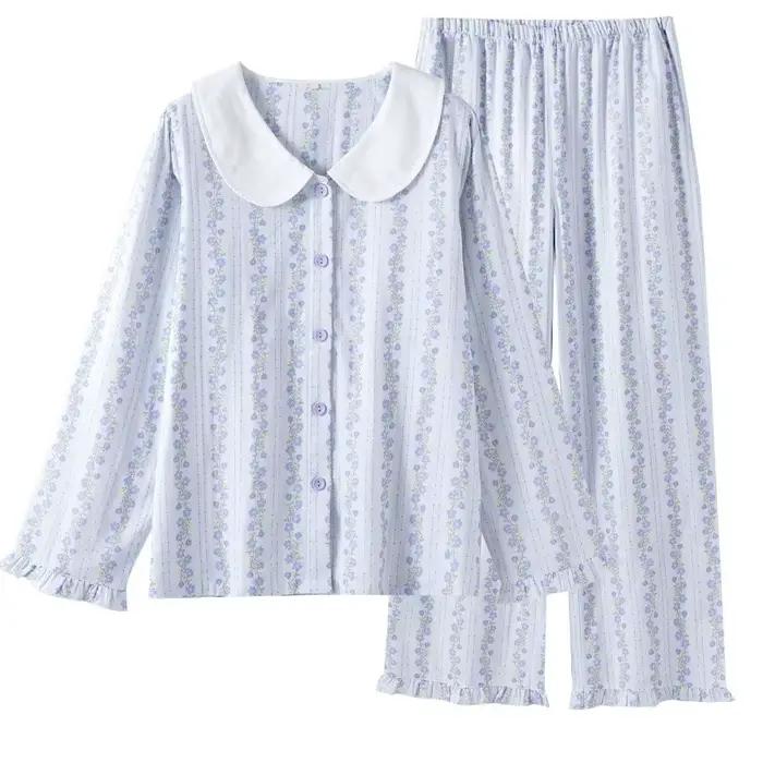 Cottagecore ensemble pyjama pour femmes 100% coton imprimé fleuri à manches longues vêtements de nuit doux col claudine vêtements de détente pour l'automne