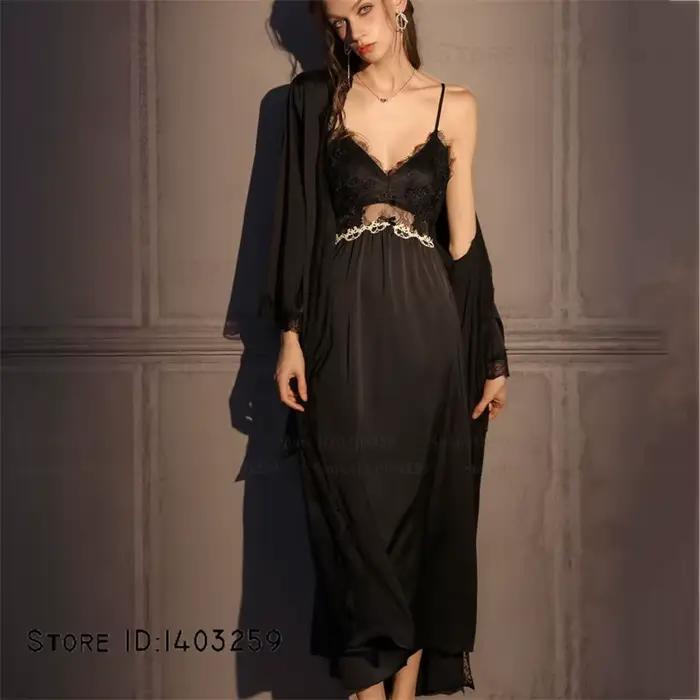 Élégant femme longue Twinset Robe ensemble Chemise de nuit Sexy Lingerie