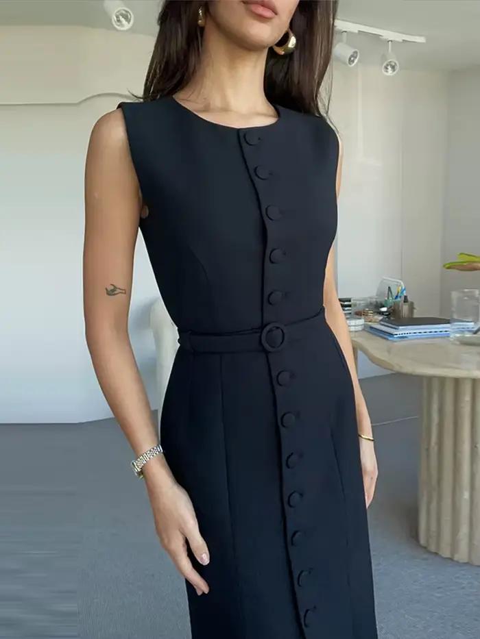 Costume sans manches à lacets robe mi-longue femmes élégant col rond simple boutonnage coupe ajustée Robes de soirée