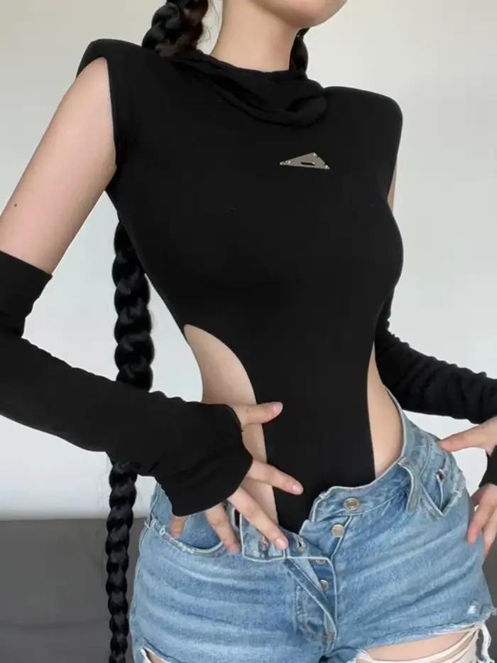 Body à capuche Lingerie Sexy corps Feminino haut noir femmes Rave tenue manches couverture une pièce