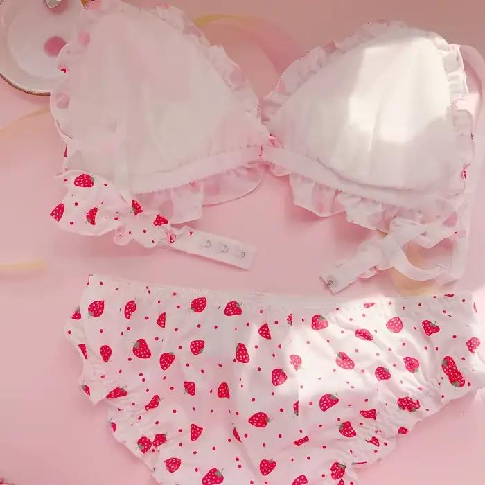 Ensemble soutien-gorge et culotte en soie de lait japonaise imprimé fraise