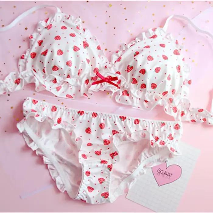 Ensemble soutien-gorge et culotte en soie de lait japonaise imprimé fraise