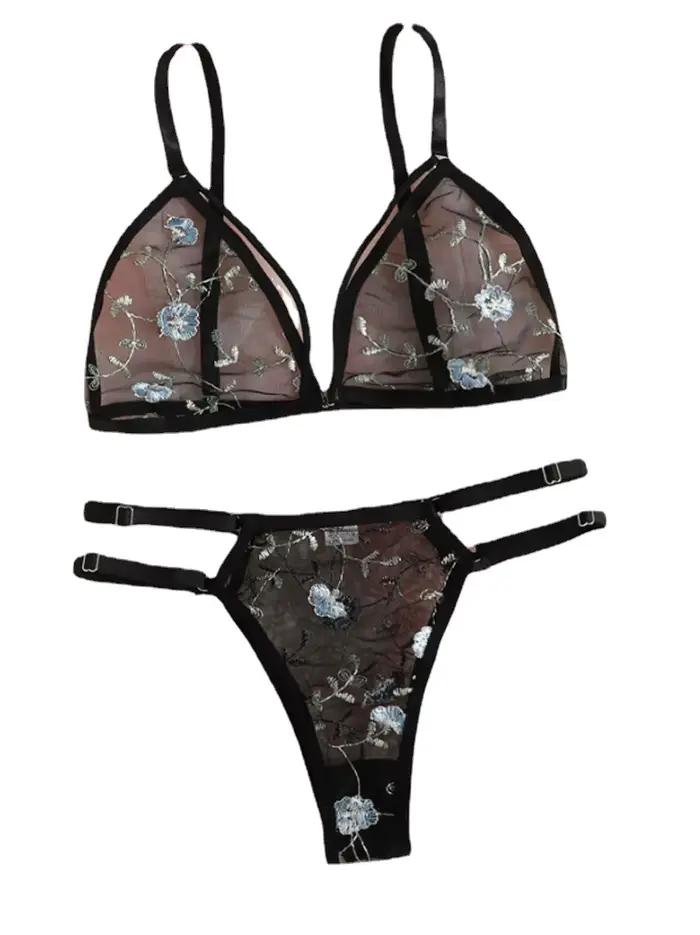 Ensemble de lingerie en dentelle brodée de fleurs pour femmes