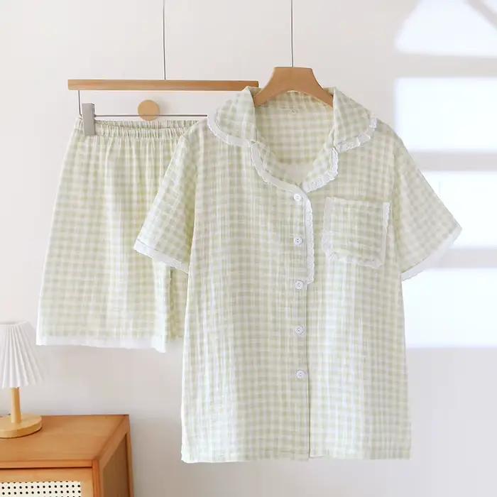 Pyjama en coton de gaze fine pour femmes ensemble pantalon de nuit imprimé à carreaux manches courtes vêtements de nuit en dentelle deux pièces été