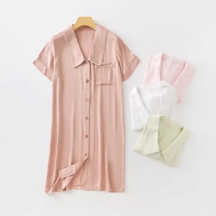 Robe de Nuit Mi-Longue à Manches Courtes et Col Rabattu pour Femme