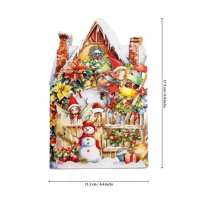 Carte de noël 3D, scène de nuit avant noël avec père noël, renne, Village enneigé et ciel clair de lune, carte de vœux de vacances Festive F
