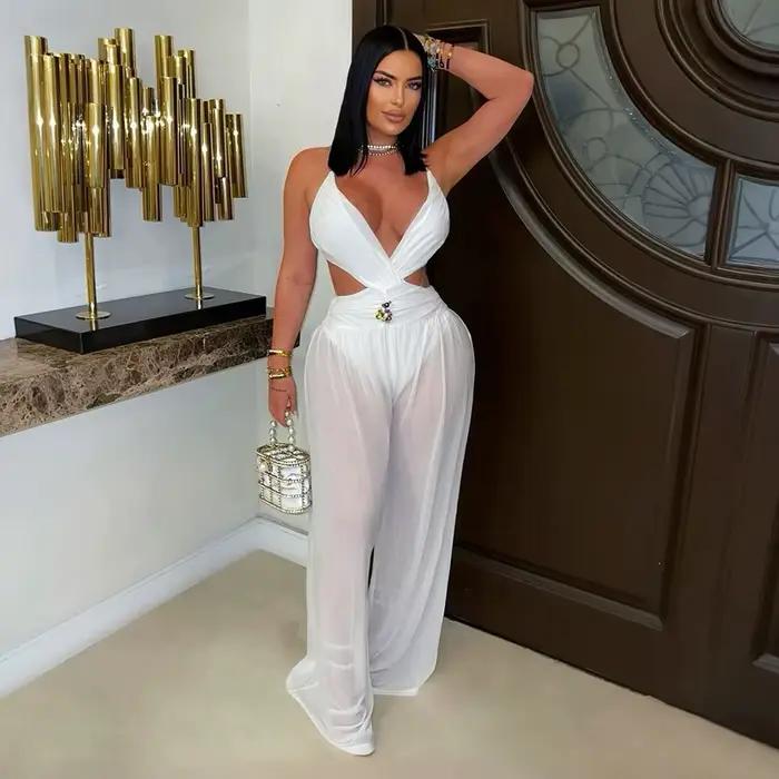 Été 2025 femmes Sexy col en v découpe fronde Cami combinaison couleur unie dos nu voir à travers une pièce pantalons longs fête Club barboteuse