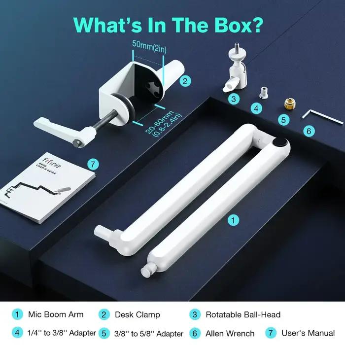 Bras de micro réglable à profil bas avec pince de fixation pour bureau, rangement de câbles pour streaming et jeux - Blanc et noir