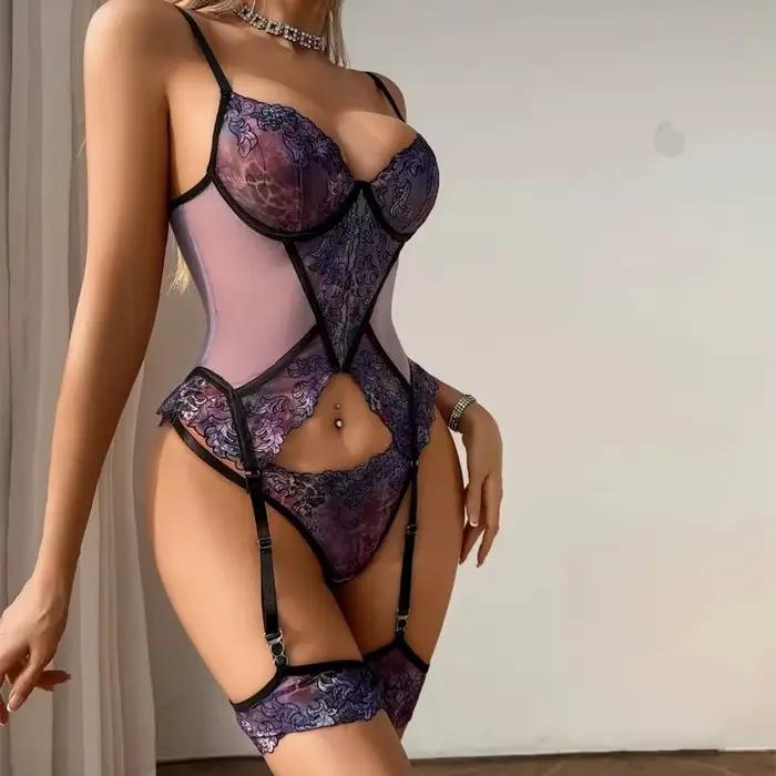 Ensembles de lingerie sexy avec broderie florale violette pour femmes