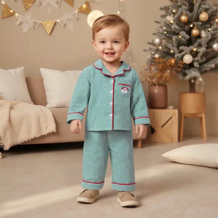 Pyjama de noël pour enfants en bas âge, chemise boutonnée à manches longues, haut et pantalon, ensemble 2 pièces, vêtements de nuit