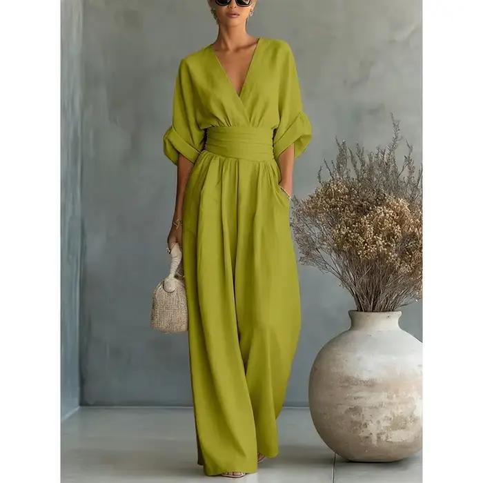 Nouvelle Combinaison Femme Tendance Taille Haute Col V Sexy Blanche pour le Bureau