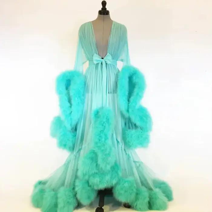 Robe de soirée Cocktail à manches moelleuses pour femmes, robe de bain, peignoir translucide, en maille, transparente, chemise de nuit de nuit de mariage