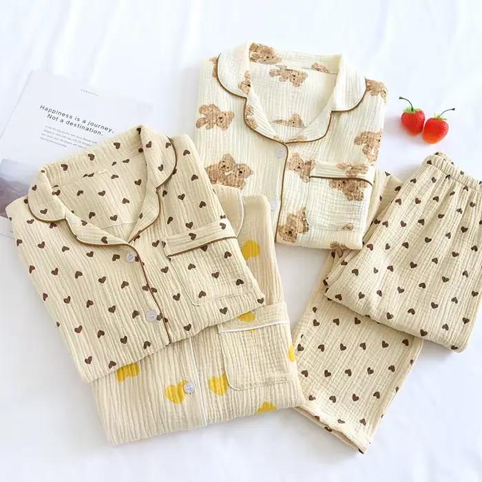 Femmes Pyjamas 2 pièces ensemble 100% coton gaze à manches longues pantalon mignon ours imprimé