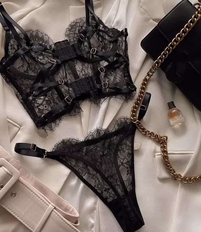 Krasapt Sexy noir dentelle Lingerie deux pièces ensembles fantaisie sous-vêtements